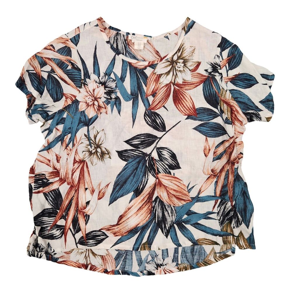 C&C California Floral Linen Blouse - Blue, Red, White